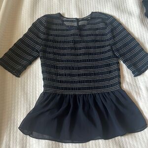 Club Monaco Women's Aqua Stripe Luceenie Sheer-Peplum Top Size M